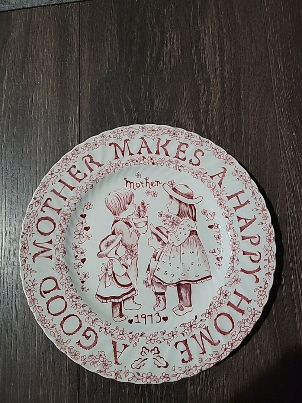 Norma Sherman 1973 Mothers Plate England Crownford China Co Maroon Pink 9in Vtg